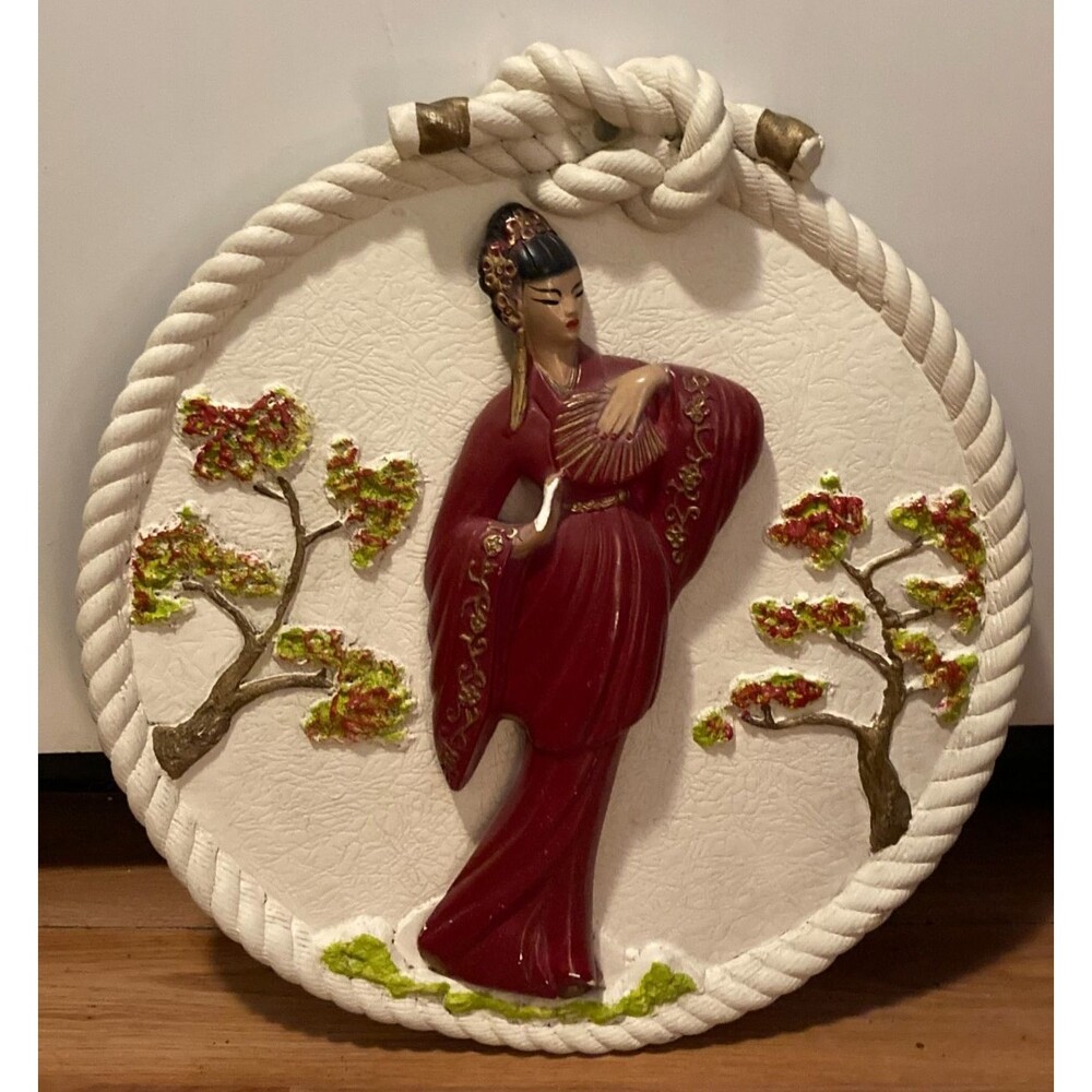 Chalkware Round Wall Plaque Asian Raised Red Floral Decor - DURO hand finished